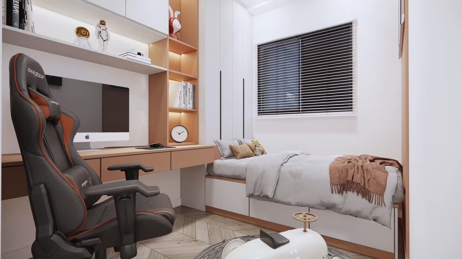 Dormitório de solteiro com home office
