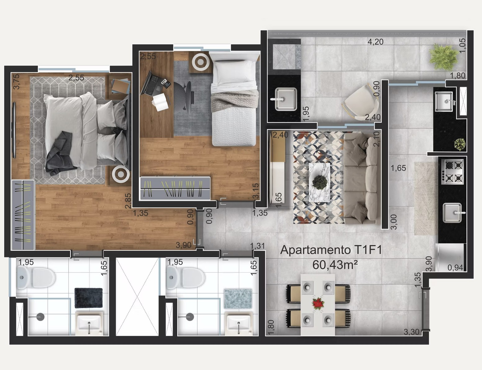 Planta apartamento tipo 1 final 1 — 60,43 m²
