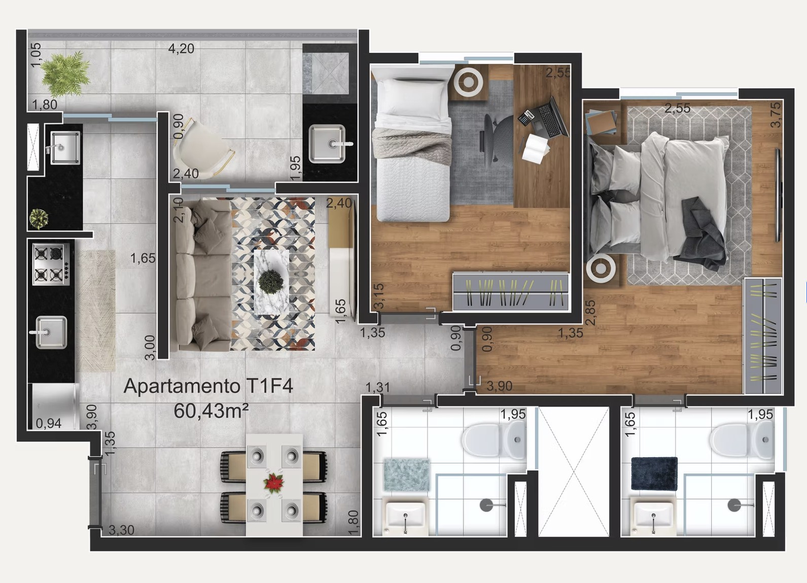 Planta apartamento tipo 1 final 4 — 60,43 m²