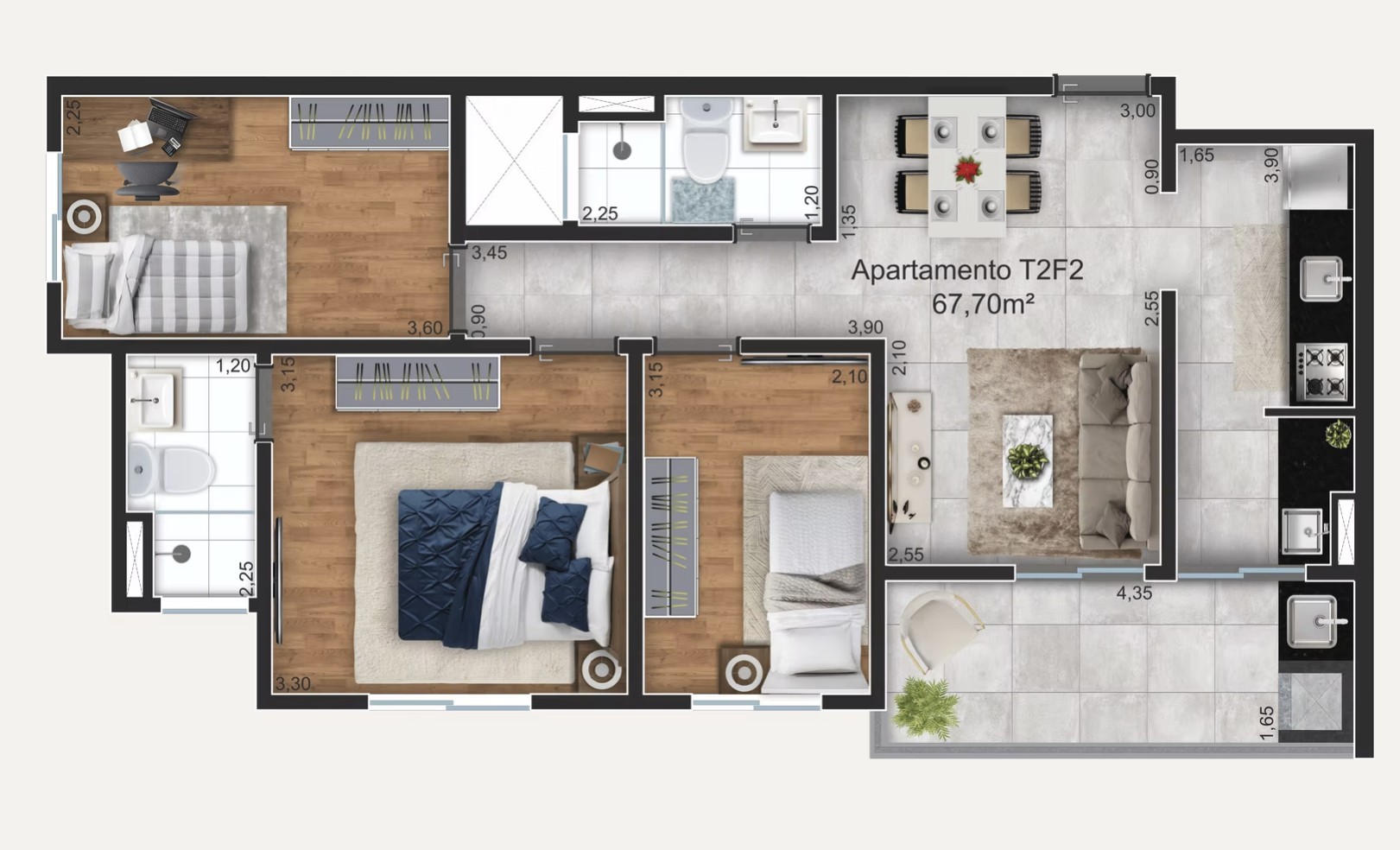 Planta apartamento tipo 2 final 2 — 67,70 m²