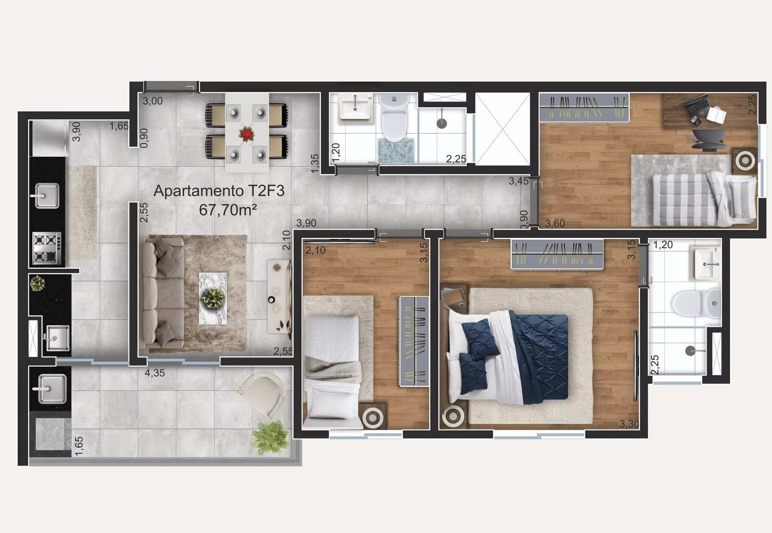 Planta apartamento tipo 2 final 3 — 67,70 m²