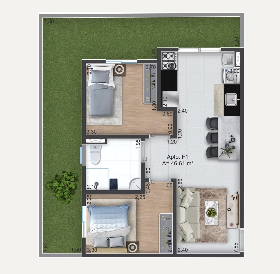 Planta Vista Ipanema — Apto. F1 garden, 46,61 m²
