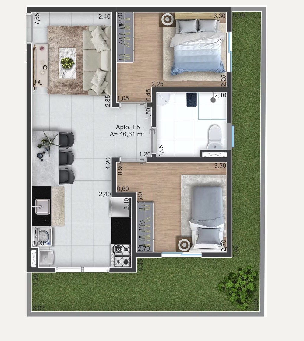 Planta Vista Ipanema — Apto. F5 garden, 46,61 m²