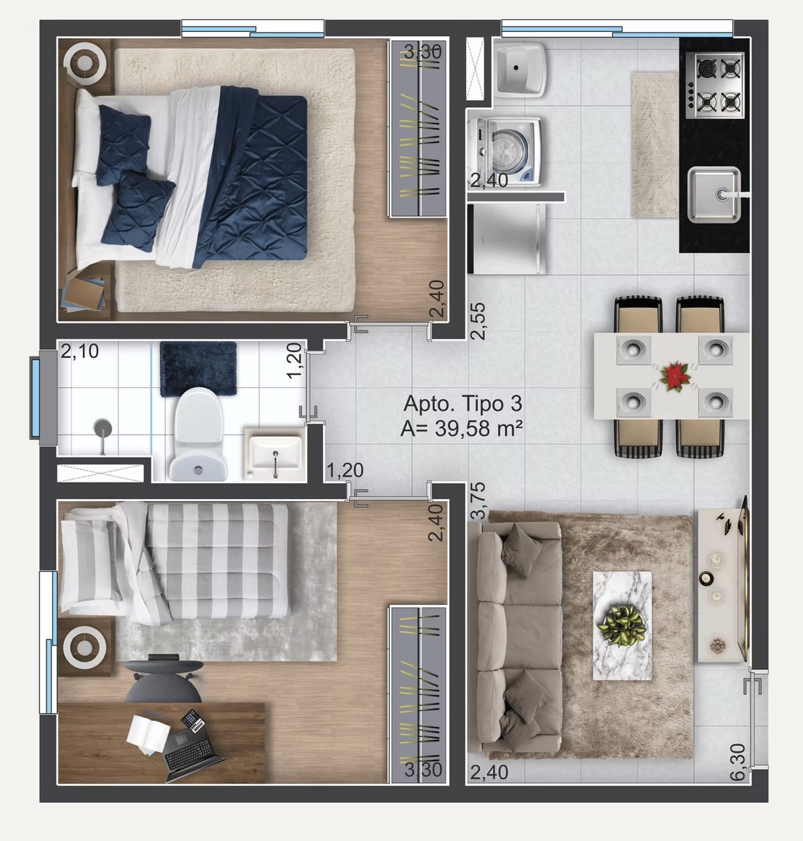 Planta Vista Ipanema — Apto. Tipo 2, 40,17 m²