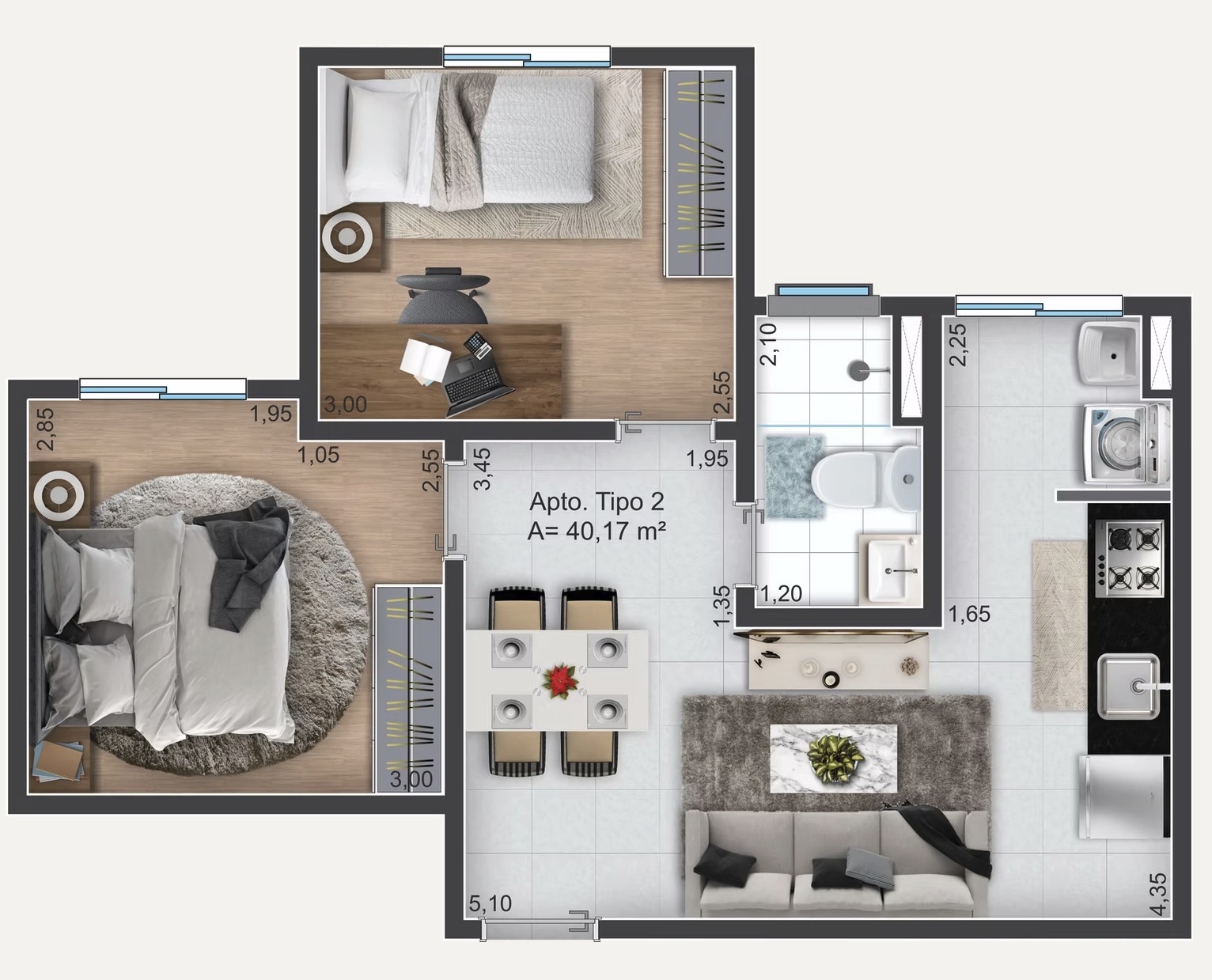 Planta Vista Ipanema — Apto. Tipo 3, 39,58 m²